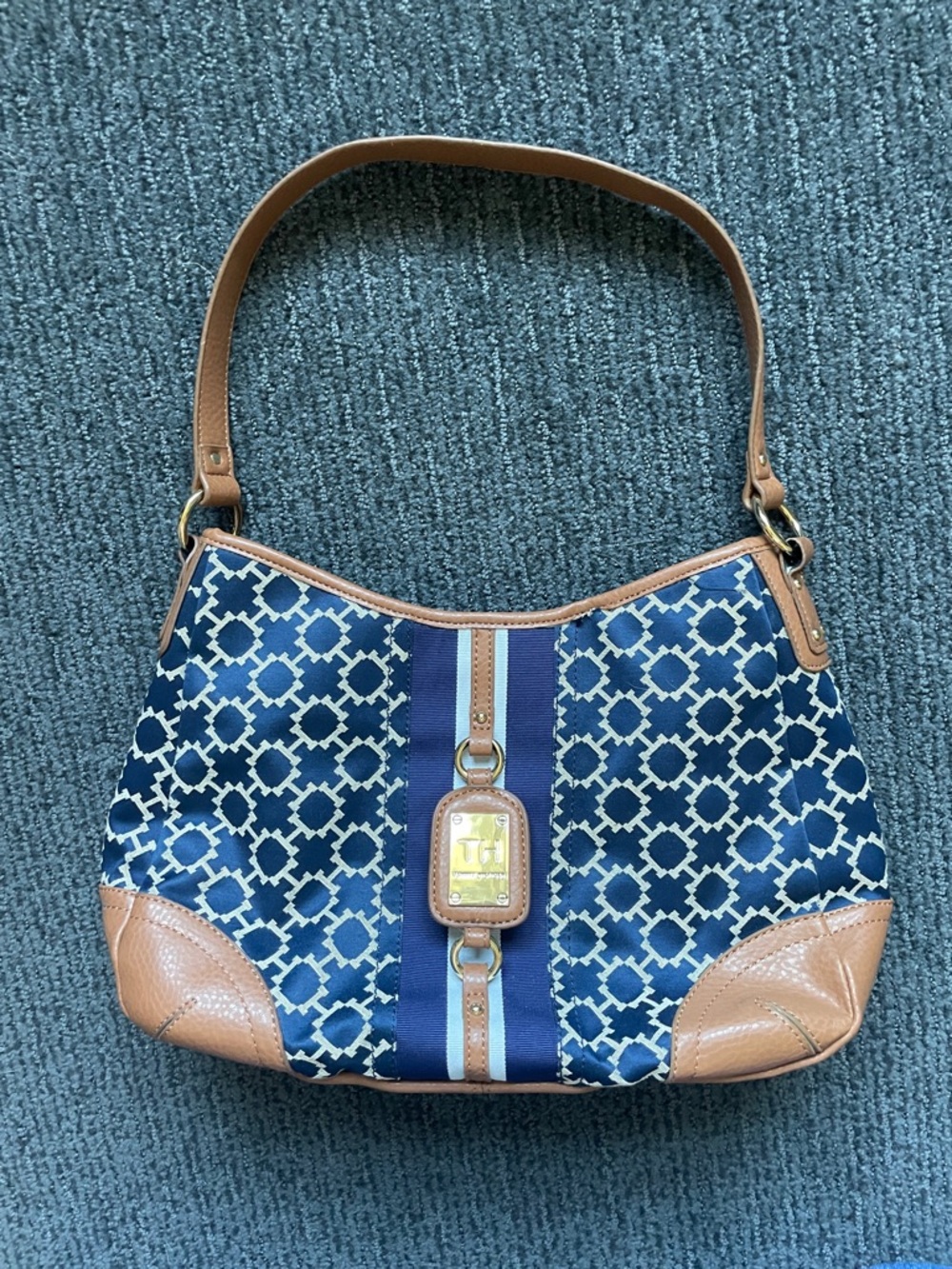 Tommy Hilfiger Navy Patterned Shoulder Bag with Tan Trim